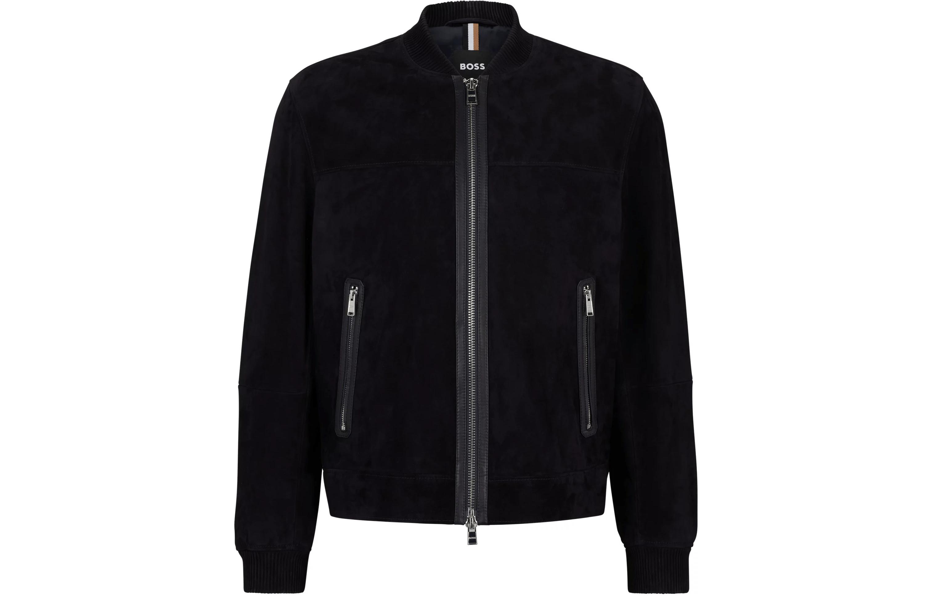 HUGO BOSS Regular-Fit Suede Jacket with Ribbed Cuffs - Navy Blue 50505647-404