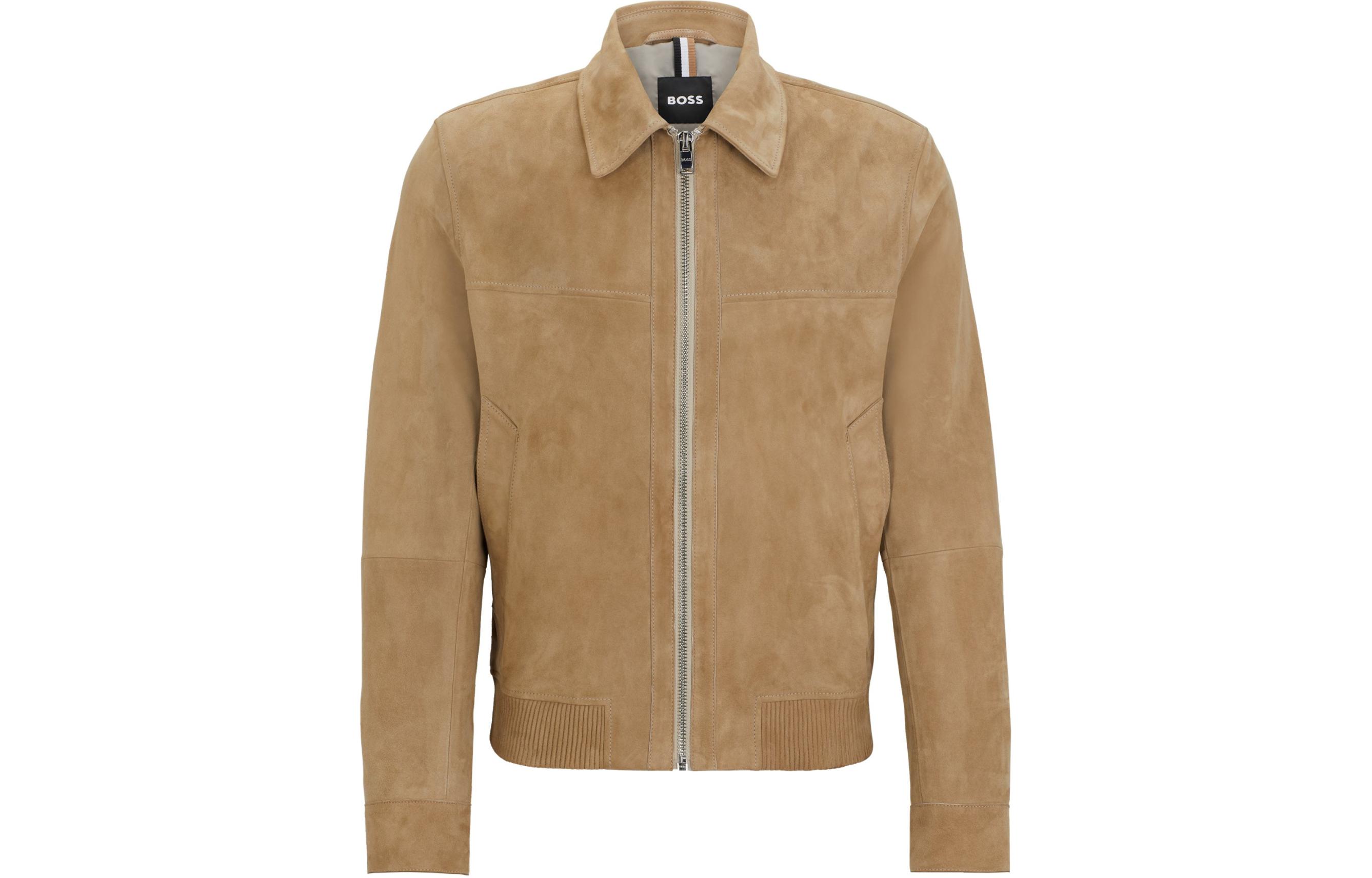 HUGO BOSS Regular-Fit Suede Jacket with Two-Way Zip in Khaki for Men 50510178-255