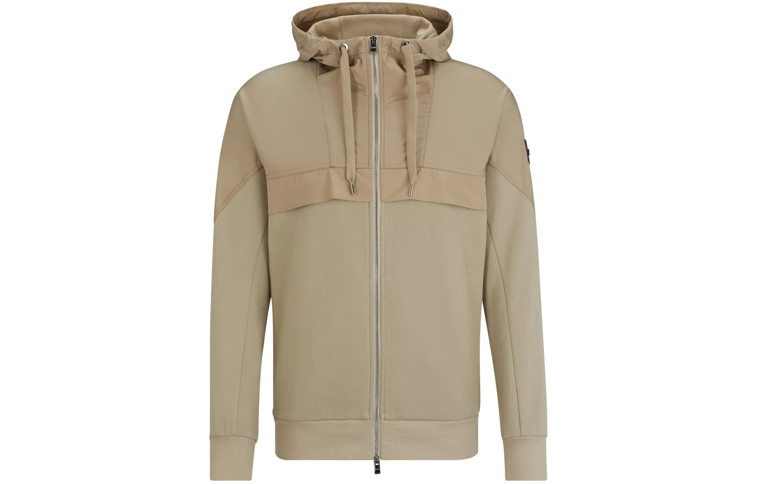 HUGO BOSS Regular-Fit Zip-Up Hoodie Beige Mixed Materials Jacket 50514093-255