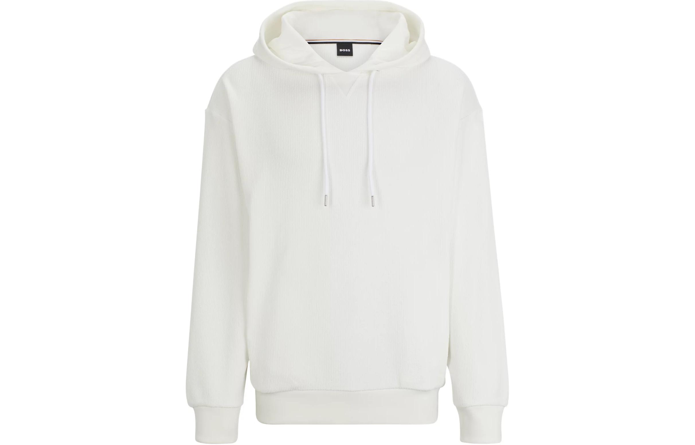 HUGO BOSS Regular Fit Cotton Bouclé Hoodie White Pullover for Men 50512157-100