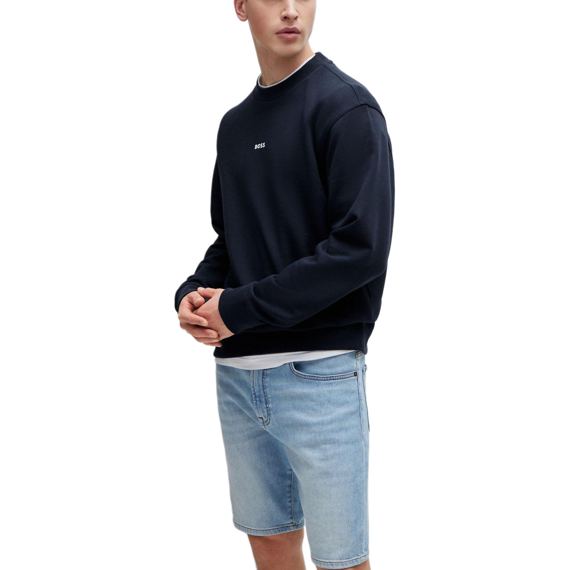 Shop HUGO BOSS 寬鬆剪裁純棉毛巾布對比LOGO海軍藍衛衣 50514541-404