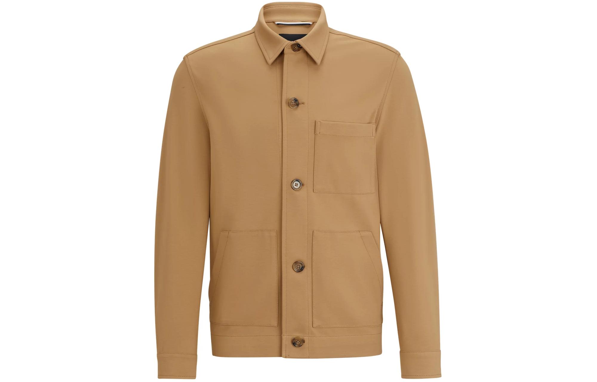 HUGO BOSS Relaxed-Fit Khaki Button-Up Jacket with Patch Pockets for Men 50509547-260