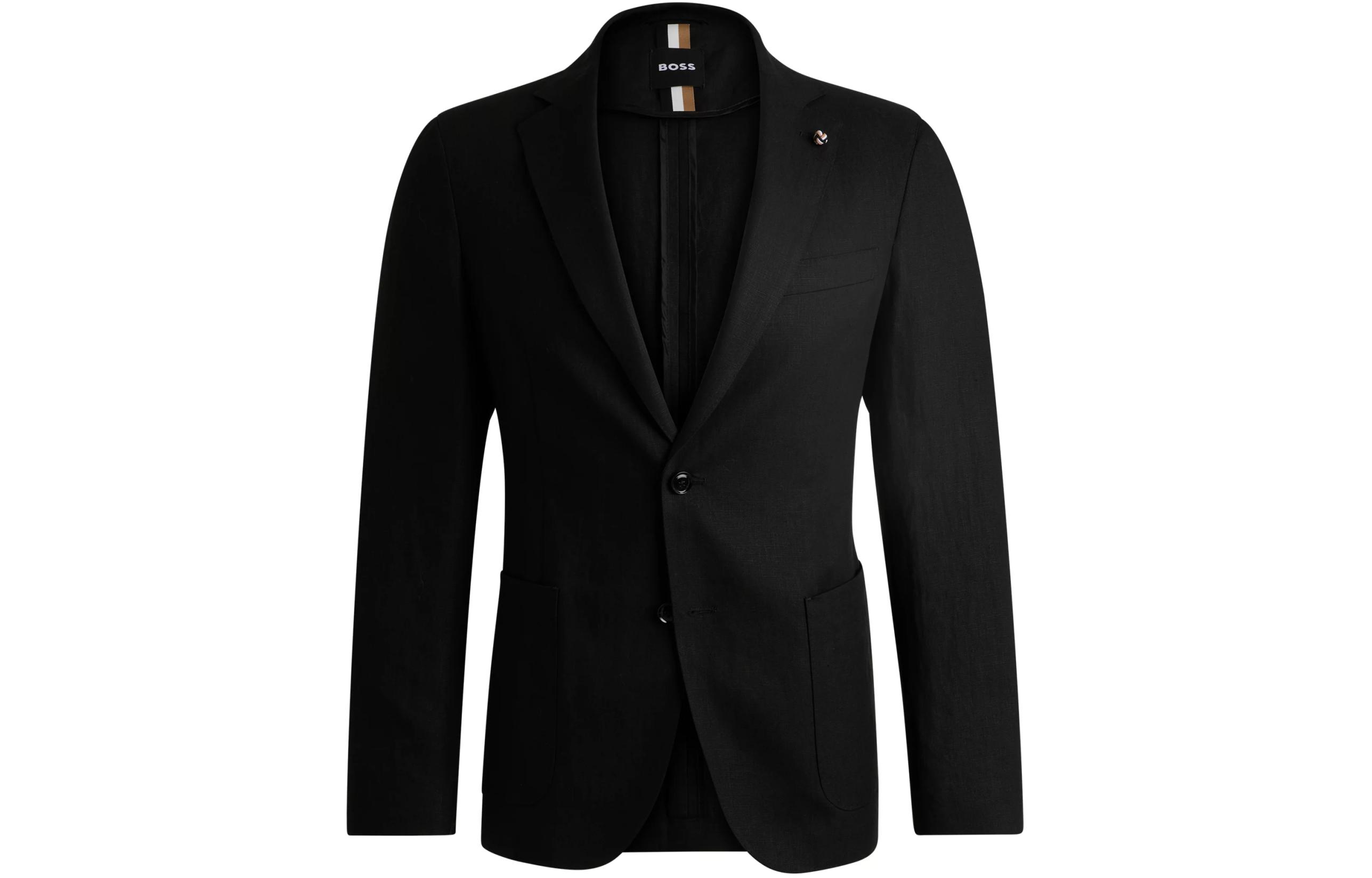 HUGO BOSS Slim-Fit Black Linen Blazer Jacket Long-Sleeve Single-Breasted 50530929-001
