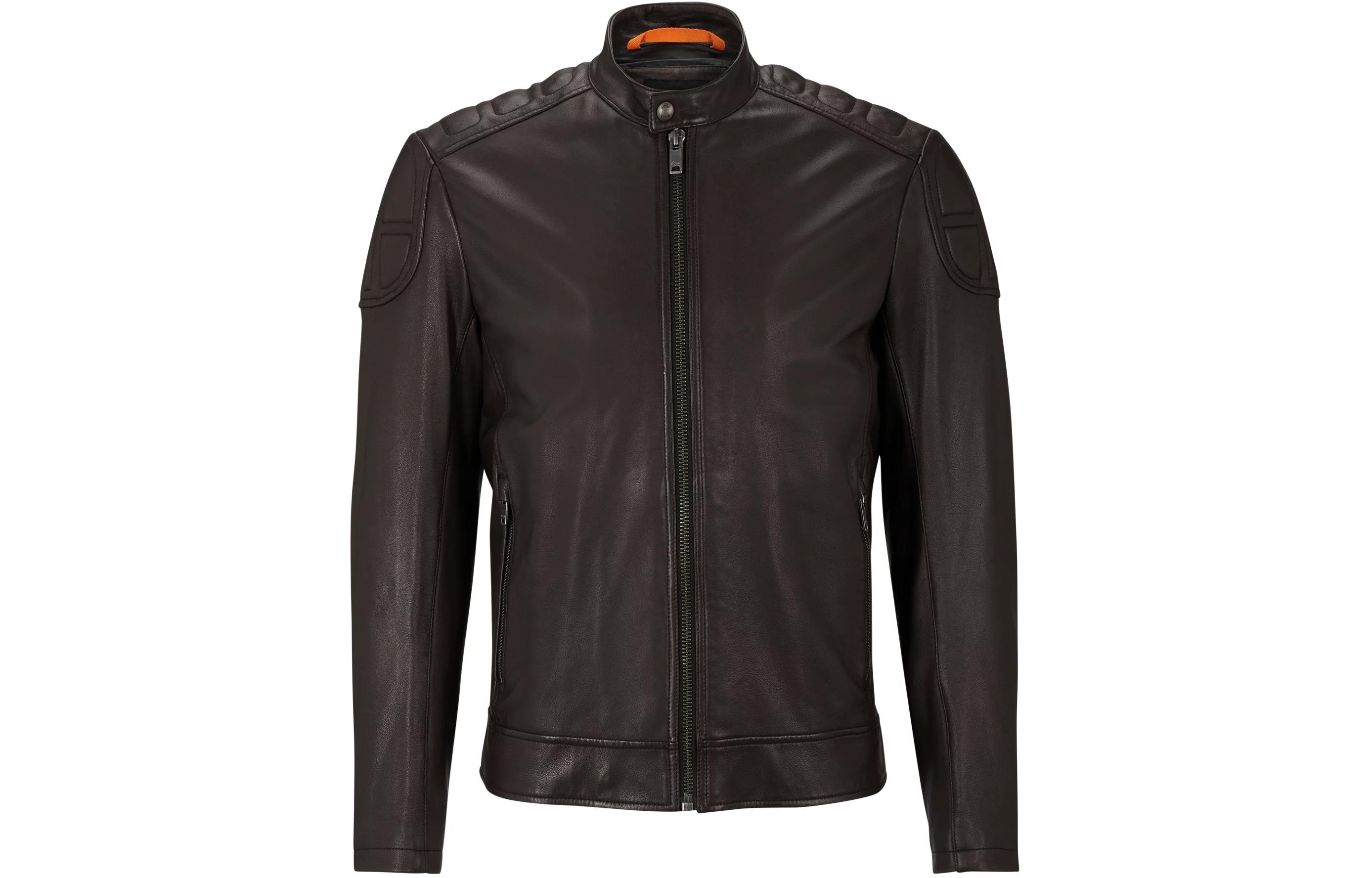 HUGO BOSS Slim-Fit Brown Leather Biker Jacket with Padded Design for Men. 50505031-202