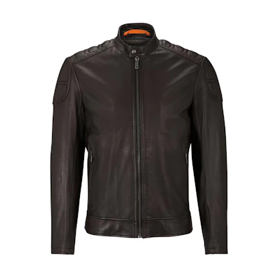 HUGO BOSS Slim-Fit Brown Leather Biker Jacket with Padded Design for Men. 50505031-202