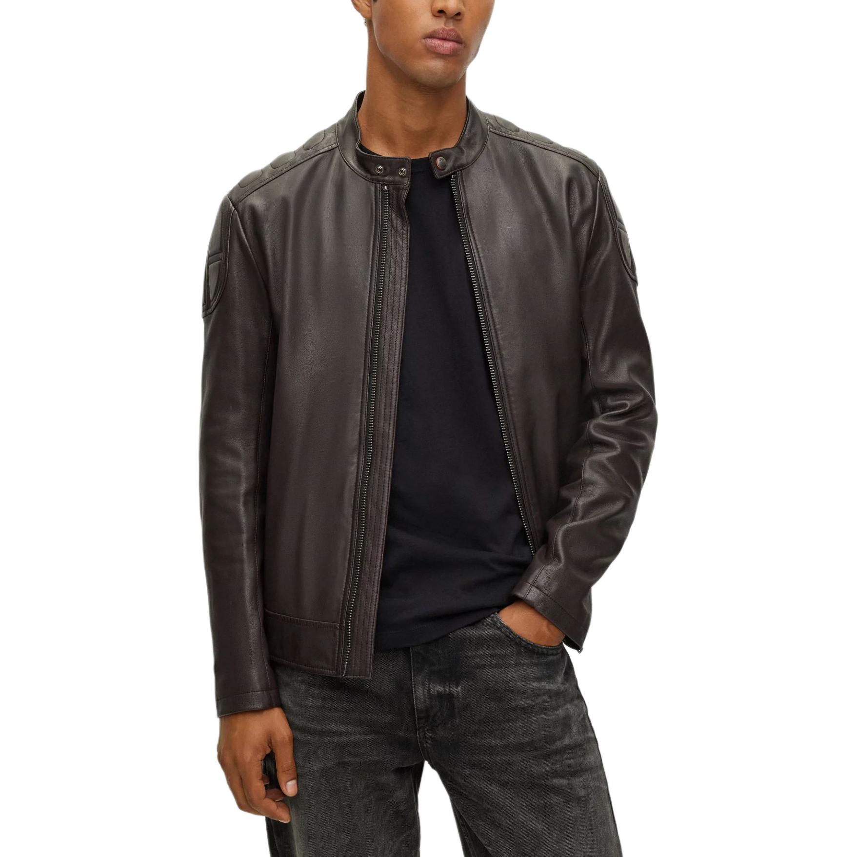 HUGO BOSS Slim-Fit Brown Leather Biker Jacket with Padded Design for Men. 50505031-202 圖 3