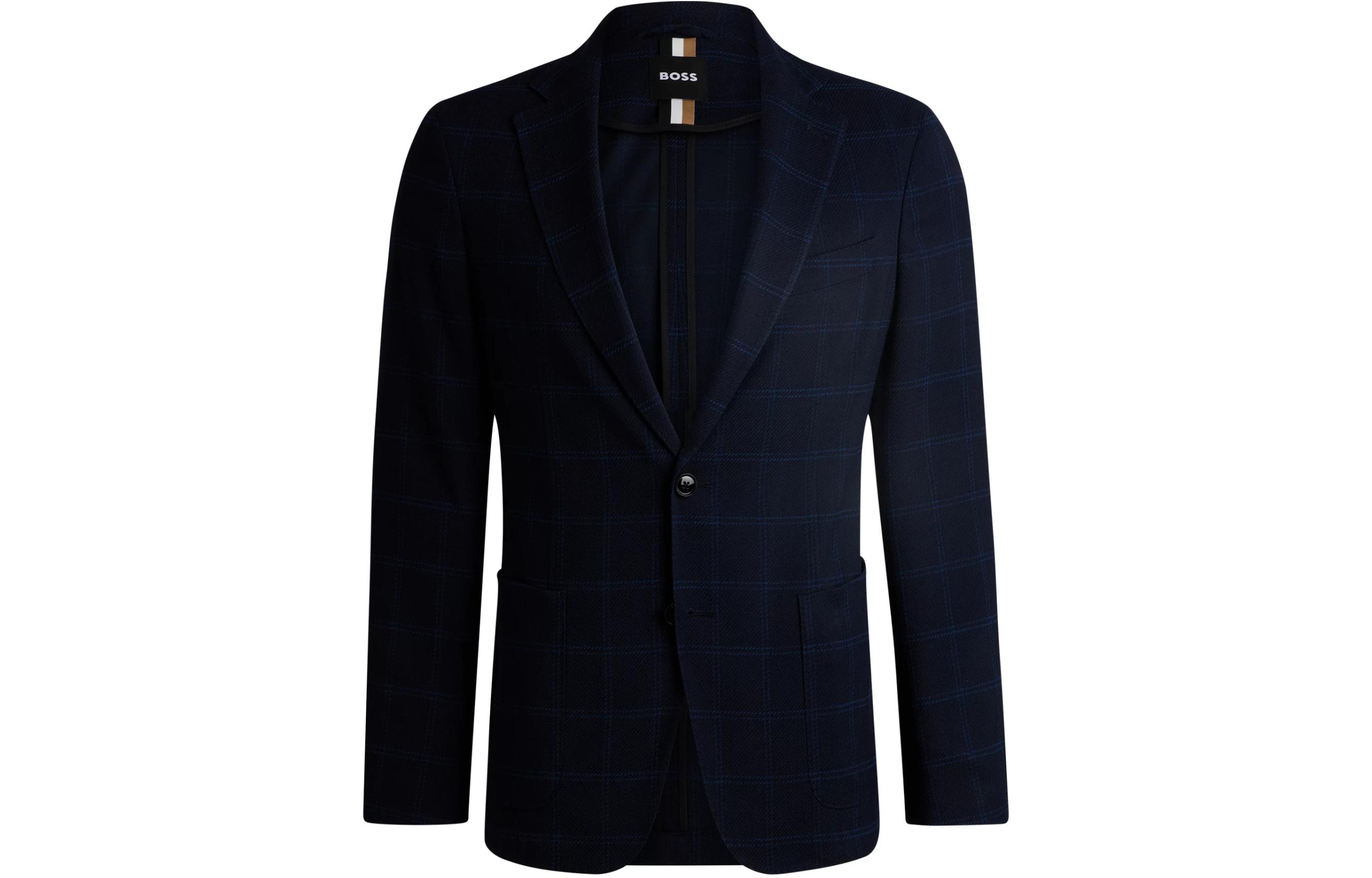 HUGO BOSS Slim-Fit Check Notched Lapel Single-Breasted Navy Jacket Menswear 50521630-404