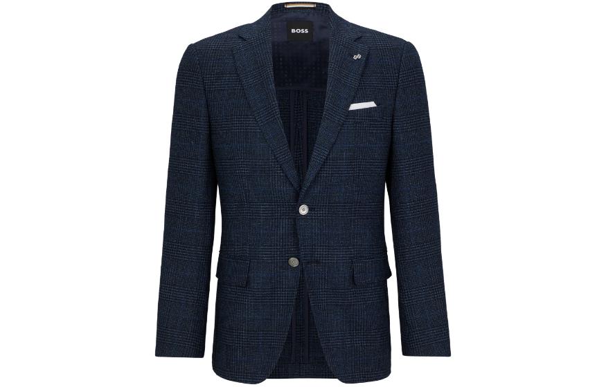 HUGO BOSS Slim-Fit Checked Stretch-Wool Jacket Men’s Navy Blue Blazer 50503181-404