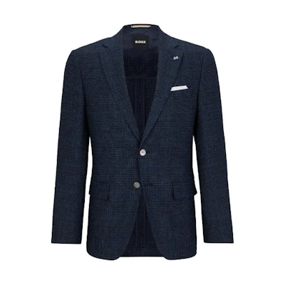 HUGO BOSS Slim-Fit Checked Stretch-Wool Jacket Men’s Navy Blue Blazer 50503181-404