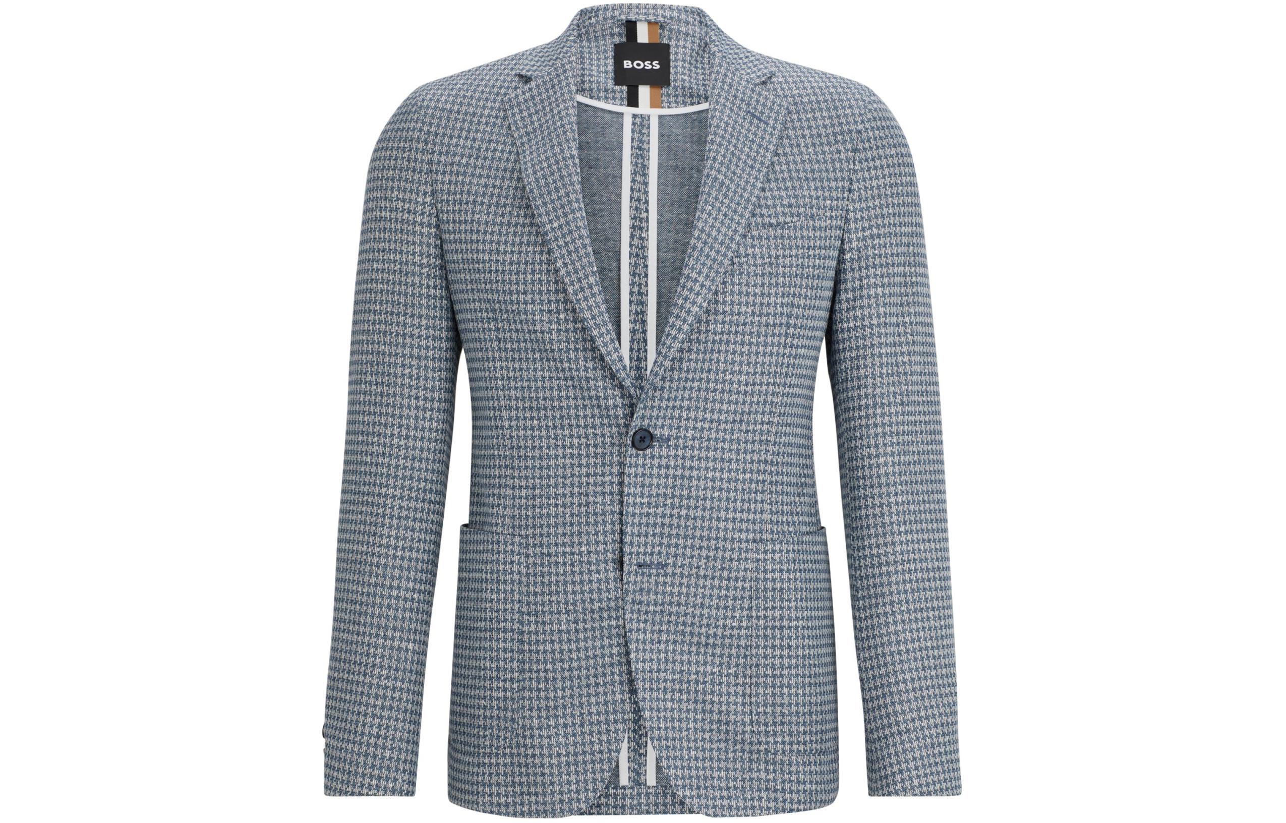 HUGO BOSS Slim-Fit Checkered Jersey Blazer - Blue Plaid Single-Breasted Jacket 50514655-438