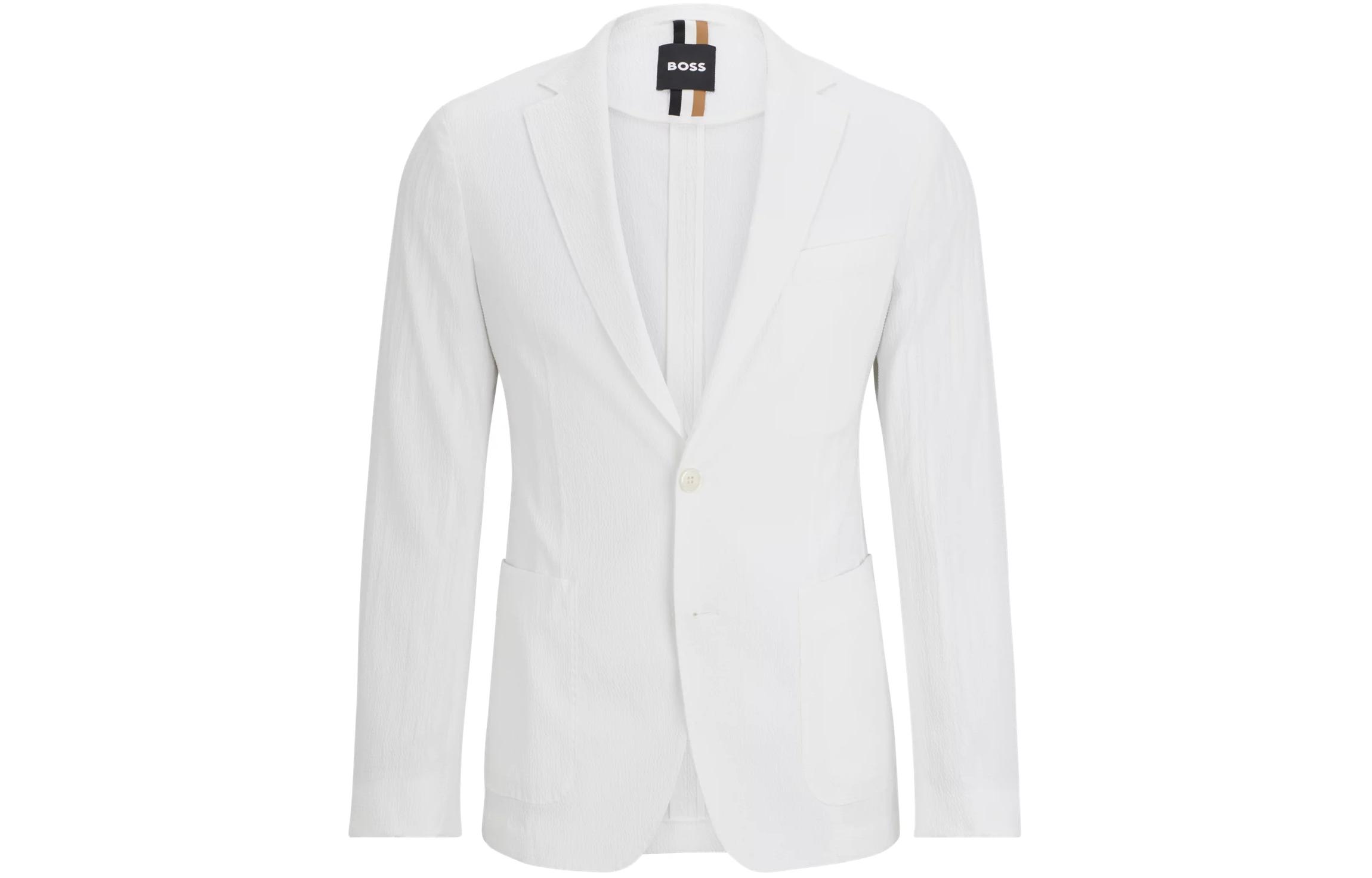 HUGO BOSS Slim-Fit Cotton-Blend Seersucker Jacket White Long Sleeve Blazer 50514667-100
