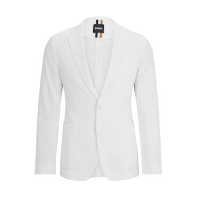HUGO BOSS Slim-Fit Cotton-Blend Seersucker Jacket White Long Sleeve Blazer 50514667-100