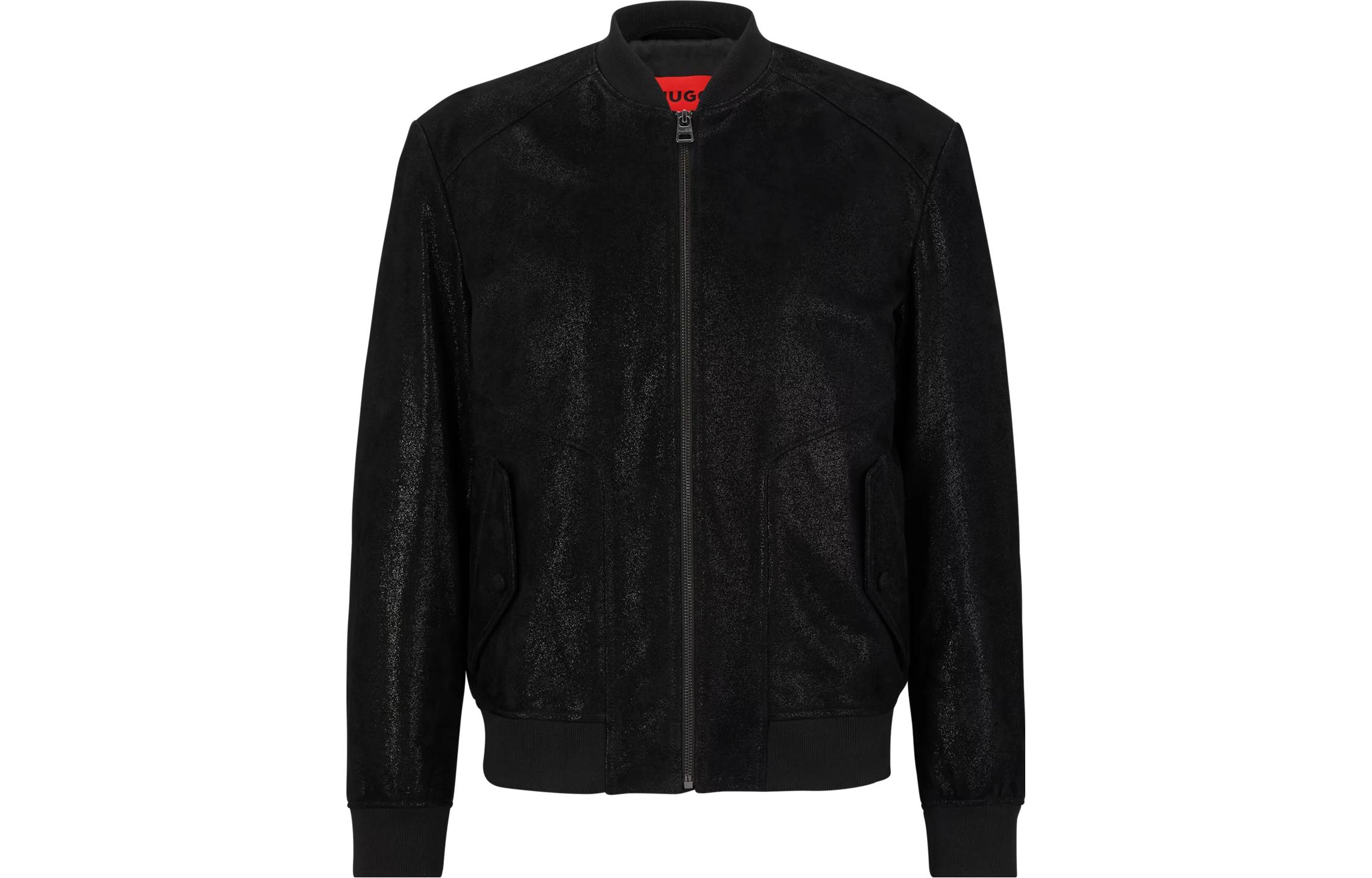 HUGO BOSS Slim-Fit Glitter Suede Bomber Jacket Black Zipper Jacket 50482753-001