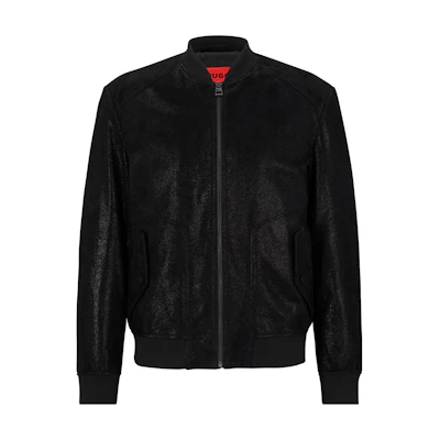 HUGO BOSS Slim-Fit Glitter Suede Bomber Jacket Black Zipper Jacket 50482753-001