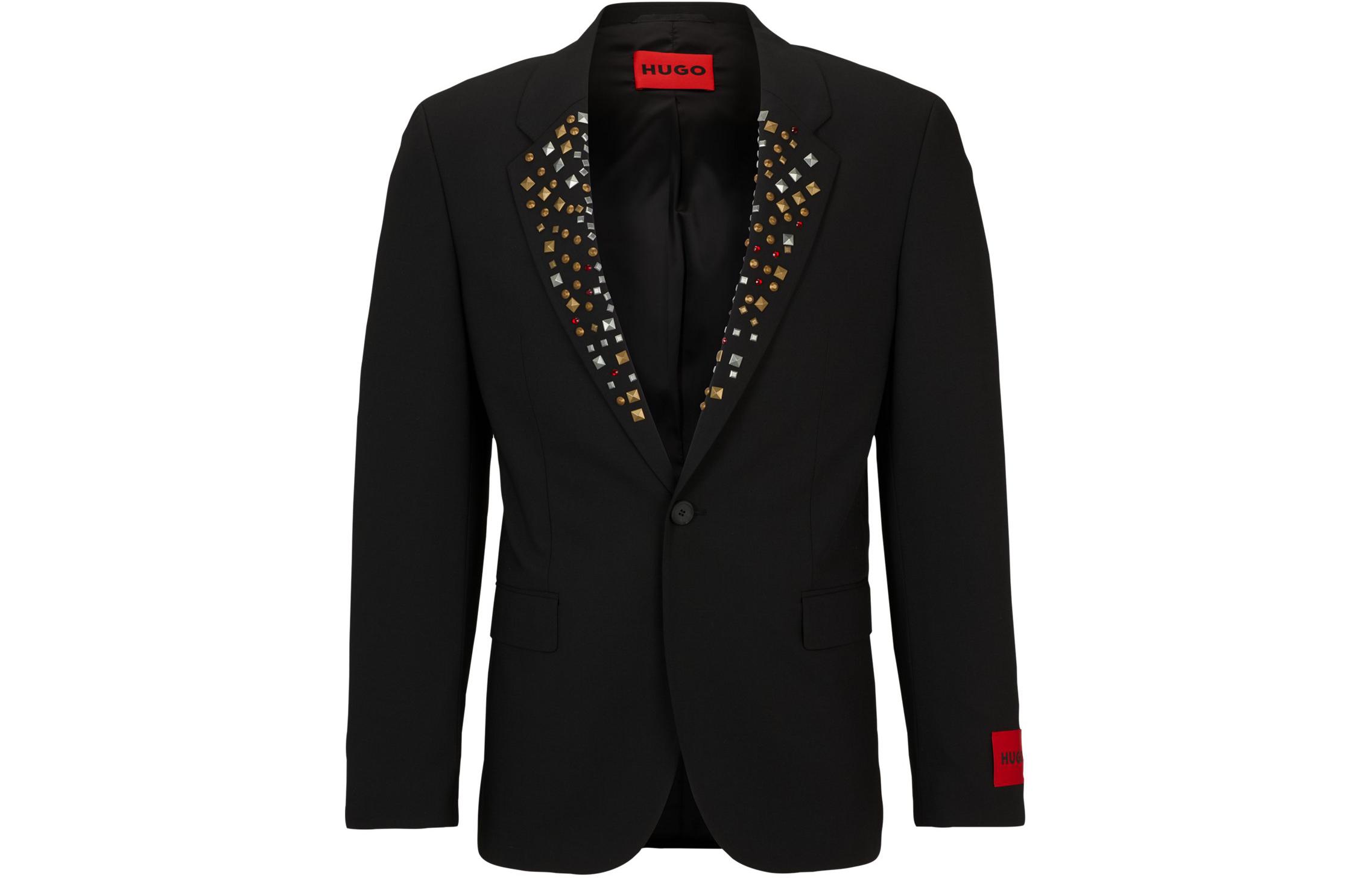 HUGO BOSS Slim-Fit Jacket with Studded Lapels - Black Long Sleeve Blazer 50507104-001