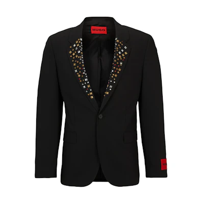 HUGO BOSS Slim-Fit Jacket with Studded Lapels - Black Long Sleeve Blazer 50507104-001