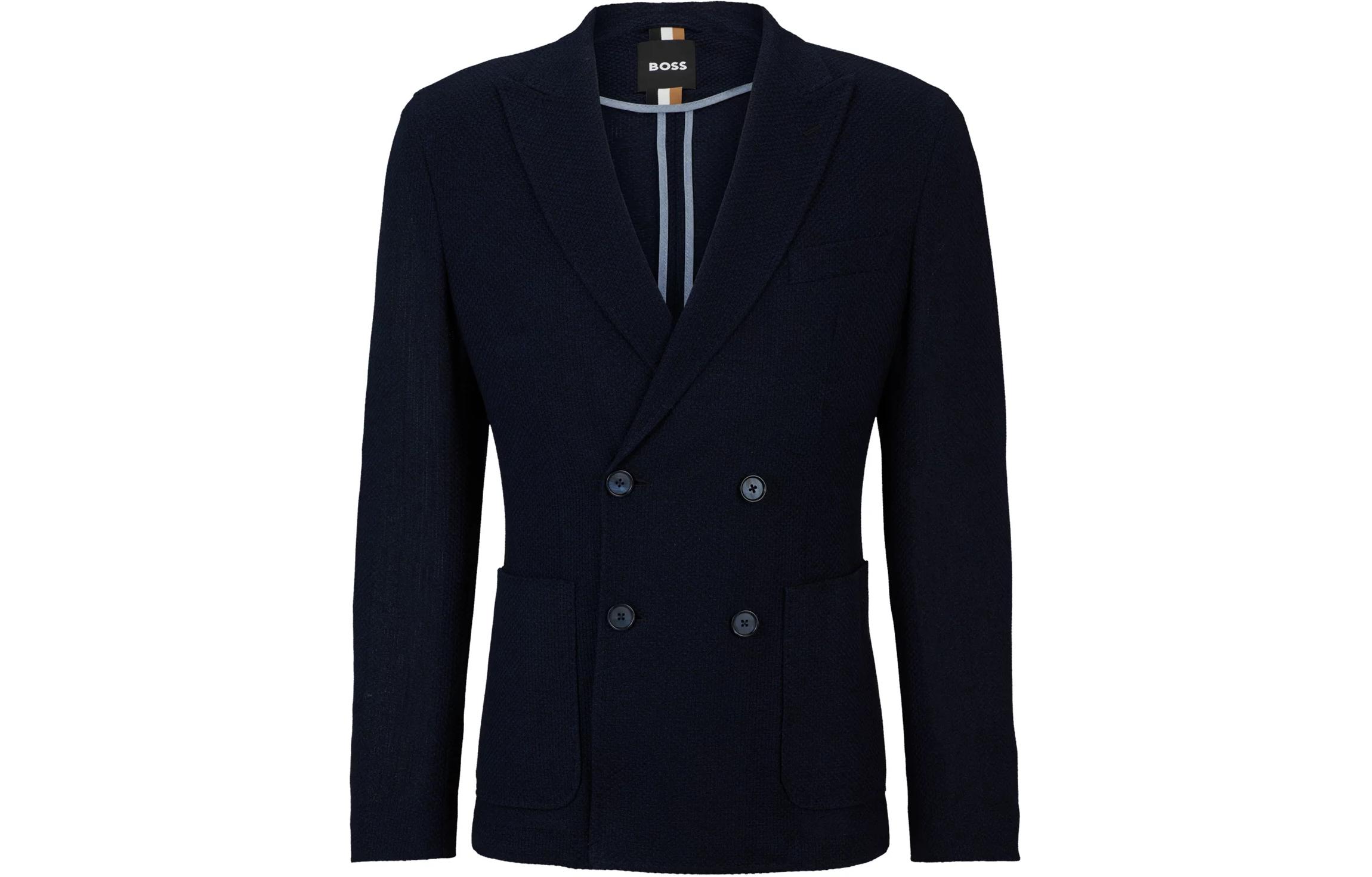 HUGO BOSS Slim-Fit Micro-Pattern Cotton Double-Breasted Navy Jacket for Men 50514613404