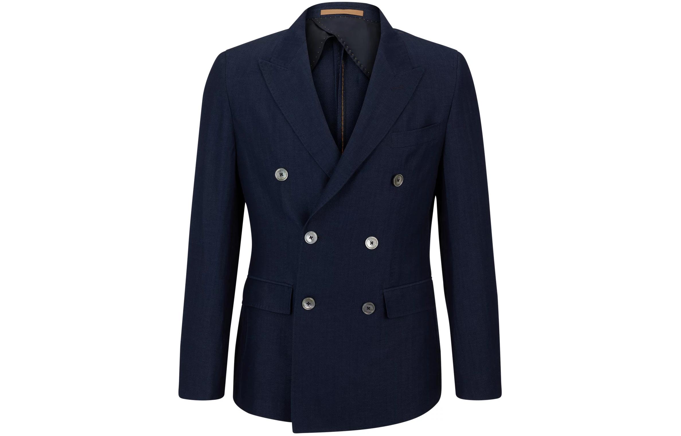 HUGO BOSS Slim-Fit Navy Herringbone Virgin Wool Linen Double-Breasted Jacket 50514370-497