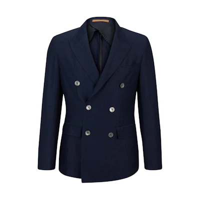 HUGO BOSS Slim-Fit Navy Herringbone Virgin Wool Linen Double-Breasted Jacket 50514370-497