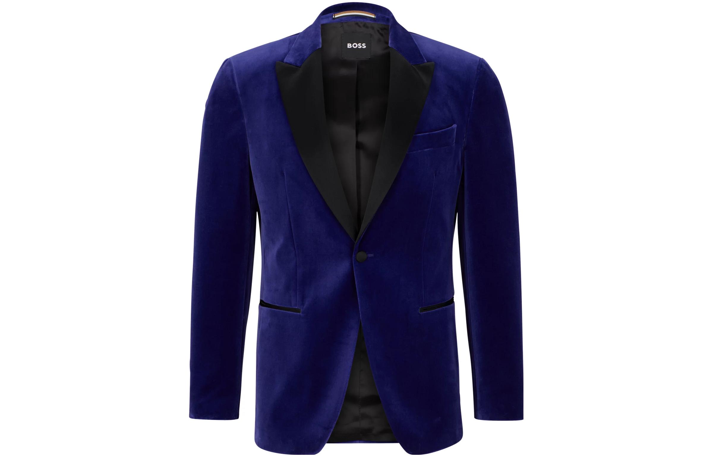 HUGO BOSS Slim-Fit Pure Cotton Velvet Tuxedo Jacket Navy Blue Blazer 50484709-508