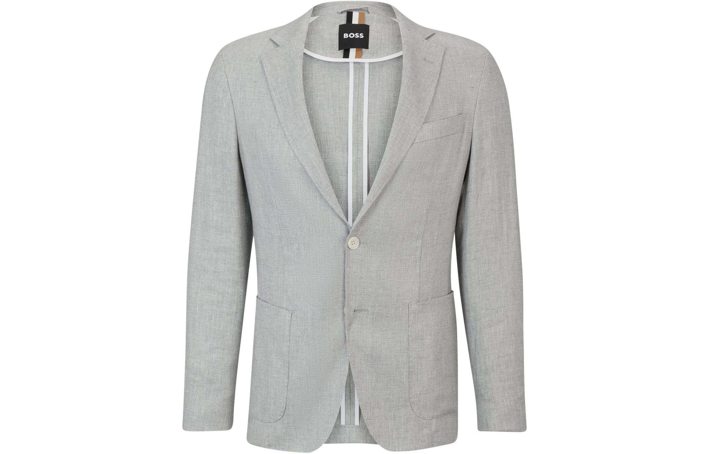 HUGO BOSS Slim-Fit Silver Grey Linen Blend Jacket with Micro-Pattern for Men 50514618-041