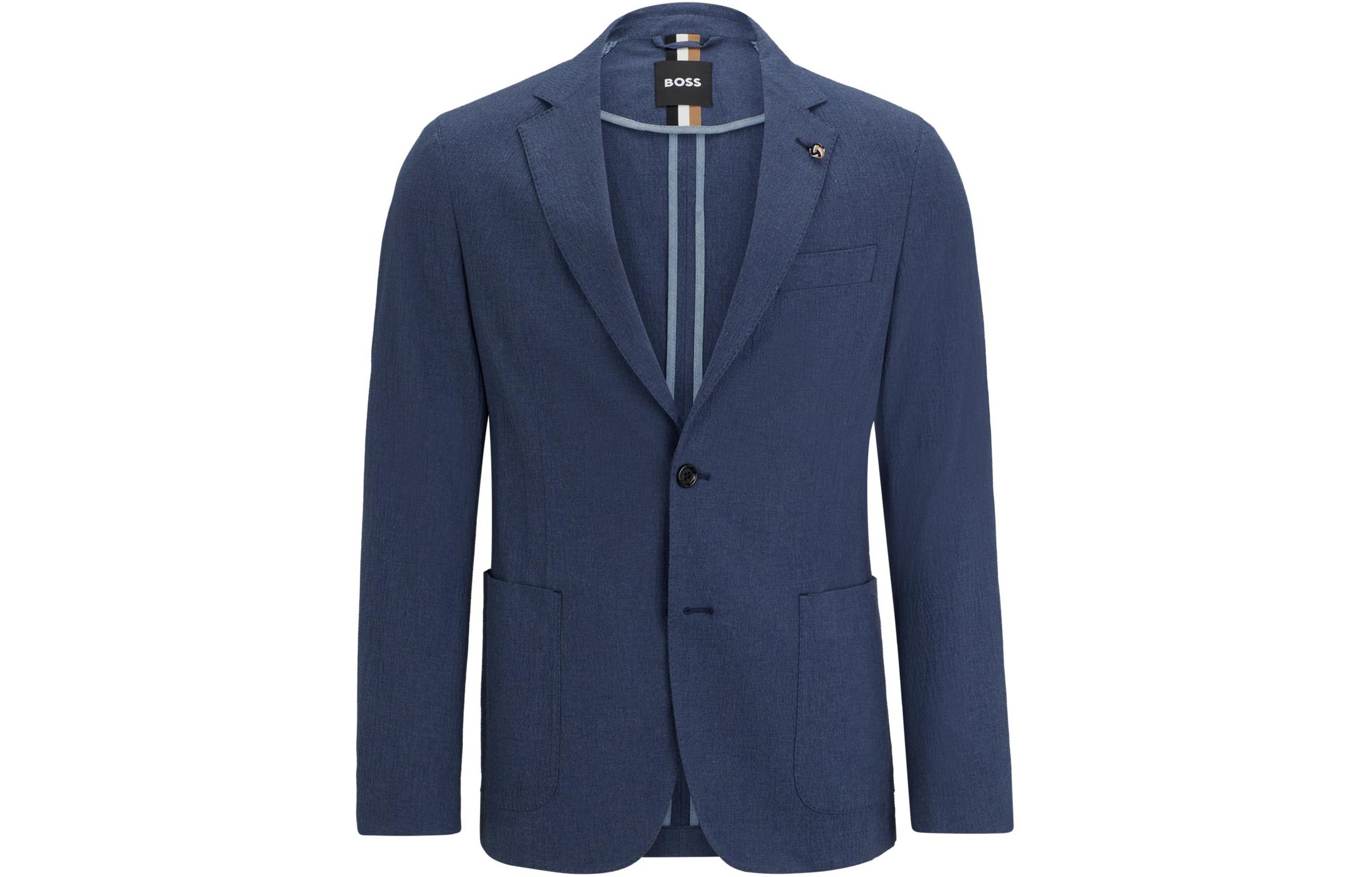 HUGO BOSS Slim-Fit Stretch-Cotton Seersucker Jacket - Dark Blue 50513670-475