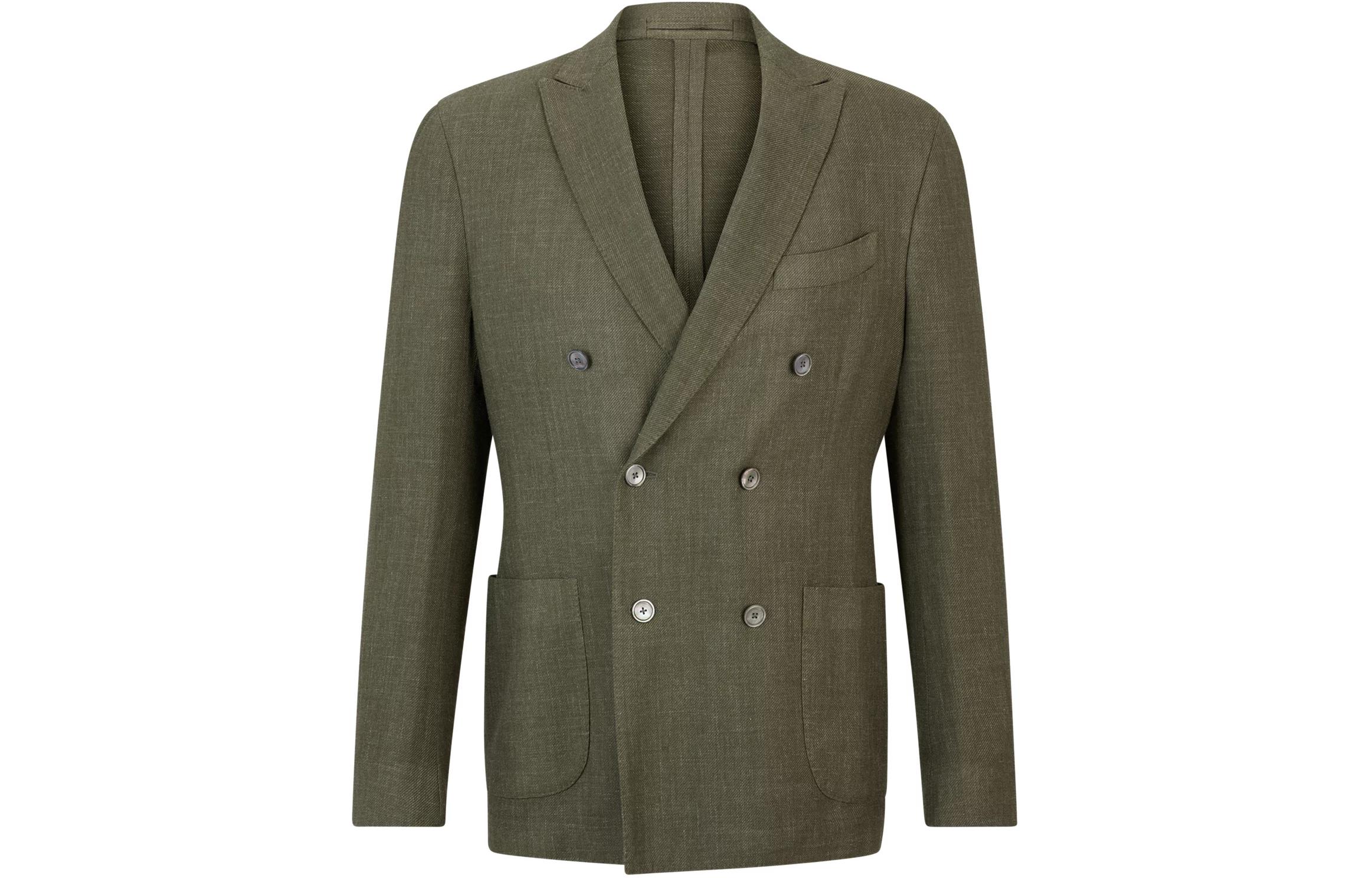 HUGO BOSS Slim-Fit Wool Silk Linen Blazer Deep Green Double-Breasted Jacket 50514412-344