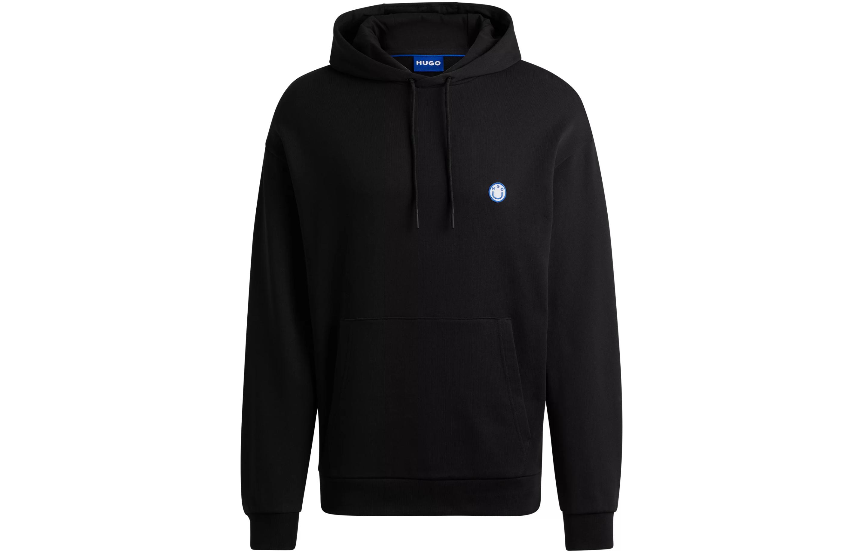 HUGO BOSS Smiley Face Cotton-Terry Hoodie Black Long Sleeve Pullover 50522381-001