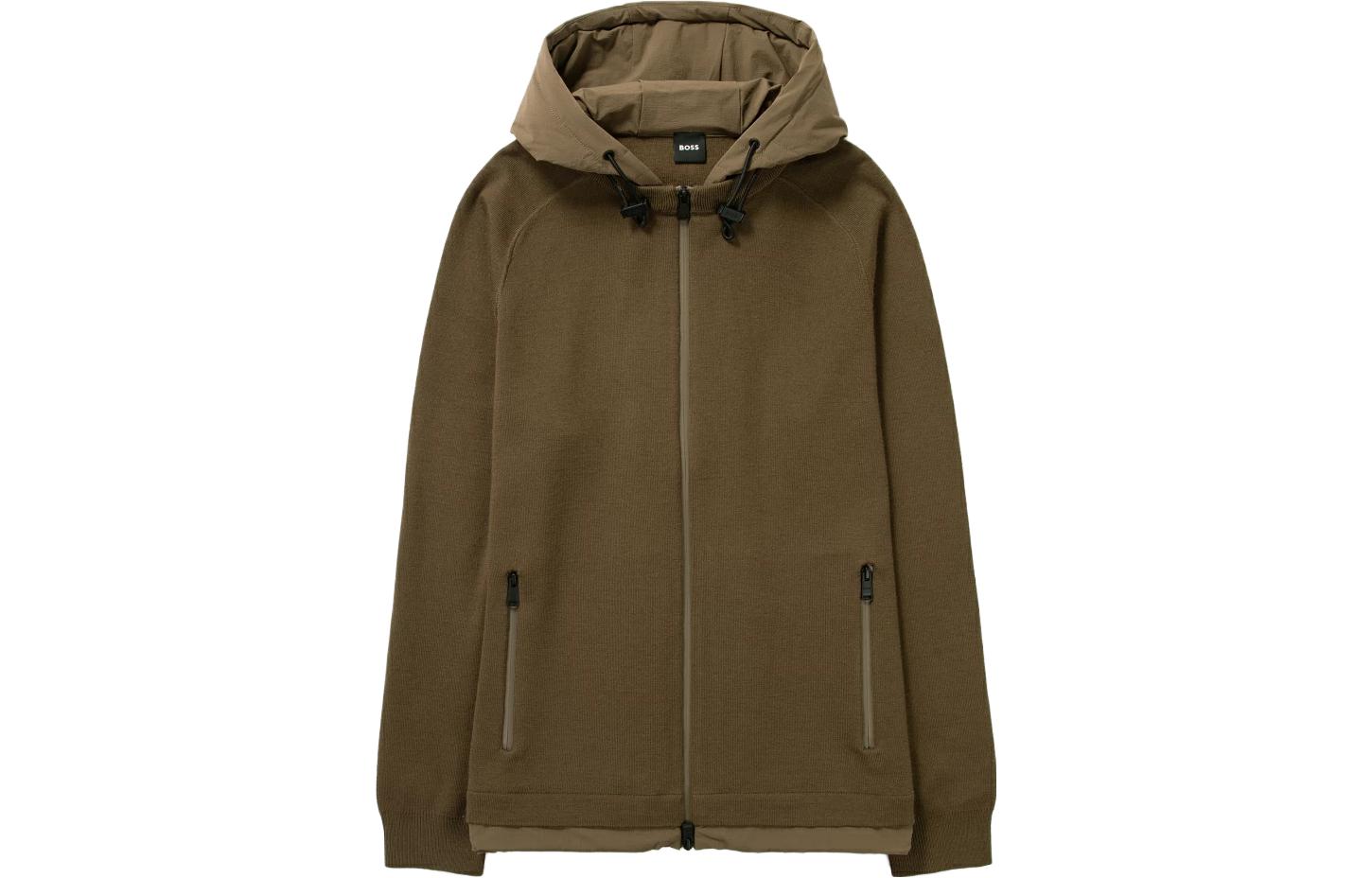 HUGO BOSS Solid Color Zip-Up Hoodie Jacket in Khaki 50495390-361