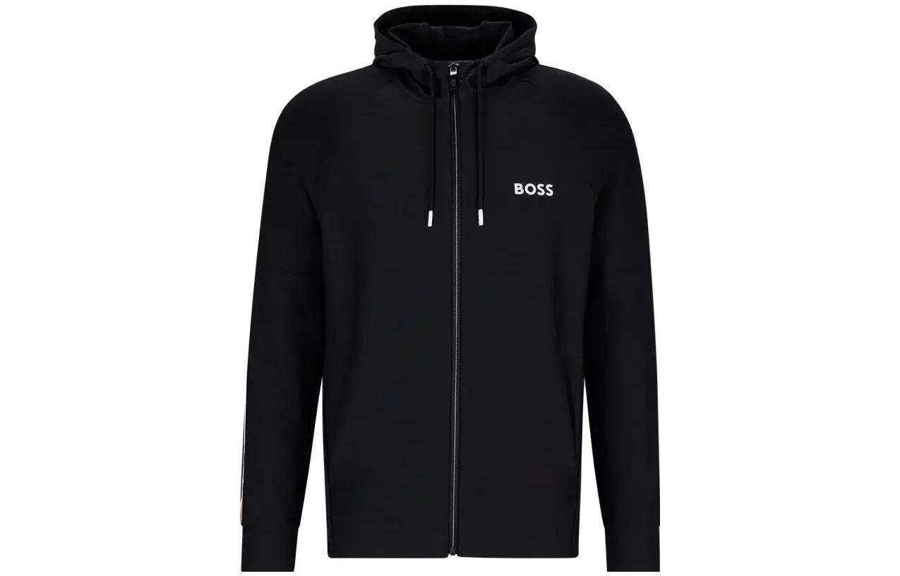 HUGO BOSS Solid Letter Print Zip-Up Hoodie Black Long Sleeve 50482369-001