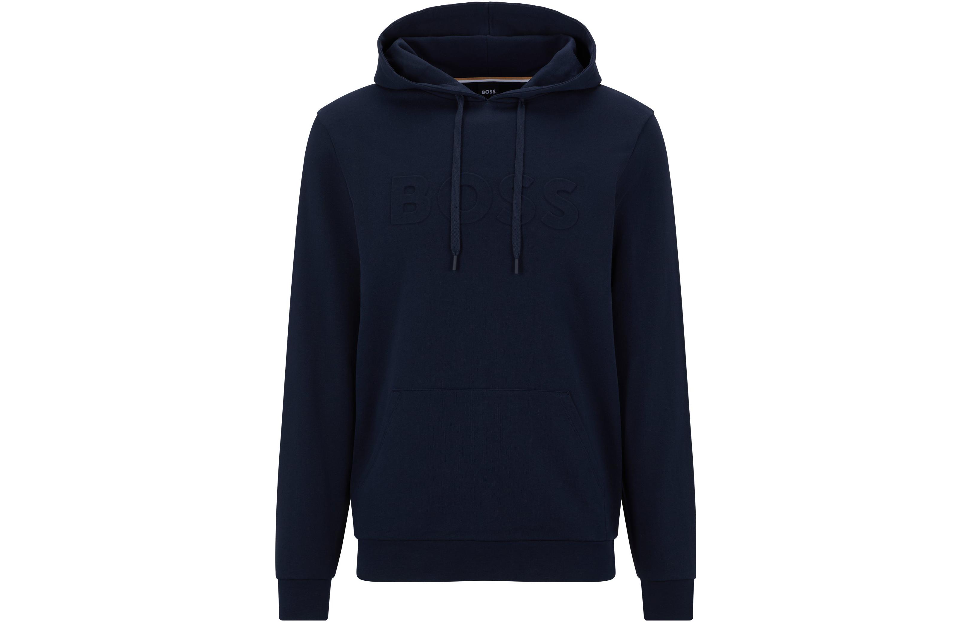 HUGO BOSS Solid Logo Embossed Hooded Sweatshirt in Dark Blue 50491541-403