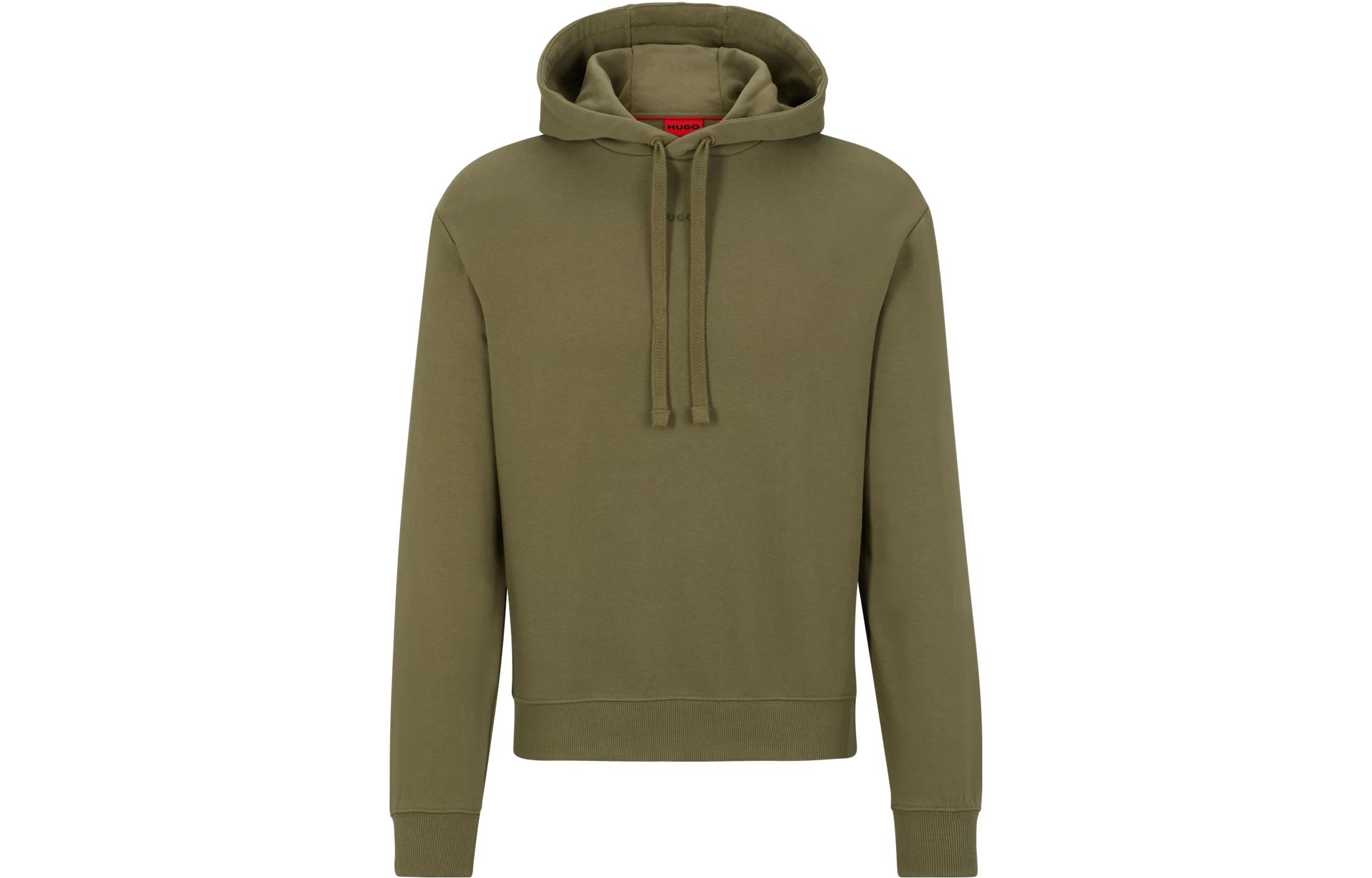 HUGO BOSS Solid Logo Print Drawstring Hoodie Khaki Green () 50486478-345