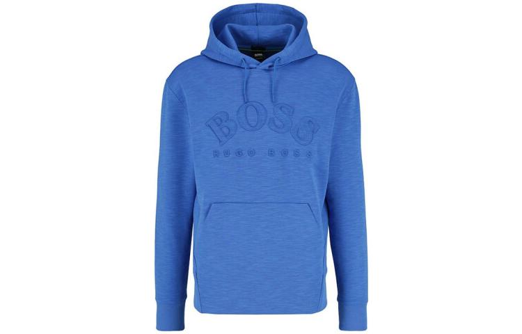 HUGO BOSS Solid Logo Print Drawstring Hoodie Men’s Blue 50388678-433