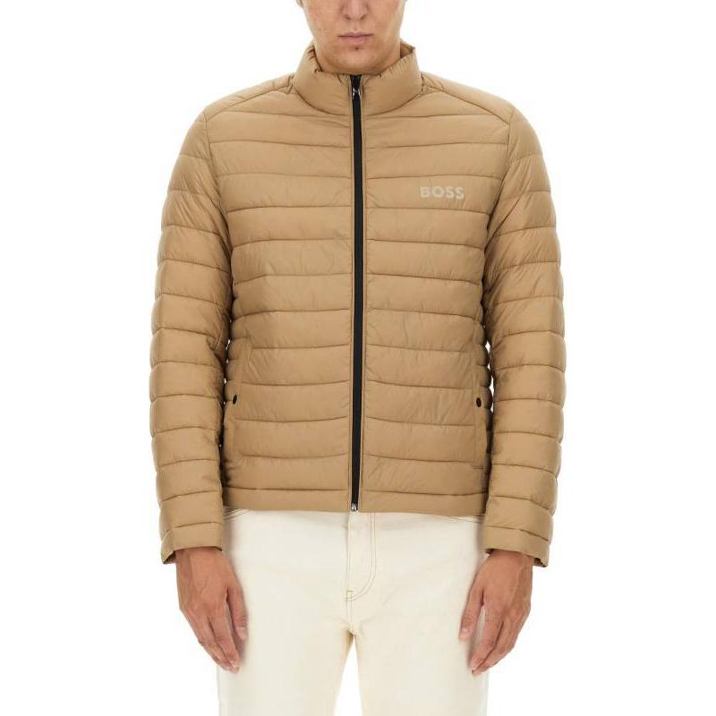 HUGO BOSS Solid Logo Print Stand Collar Zip-Up Jacket Beige - 50481548-282