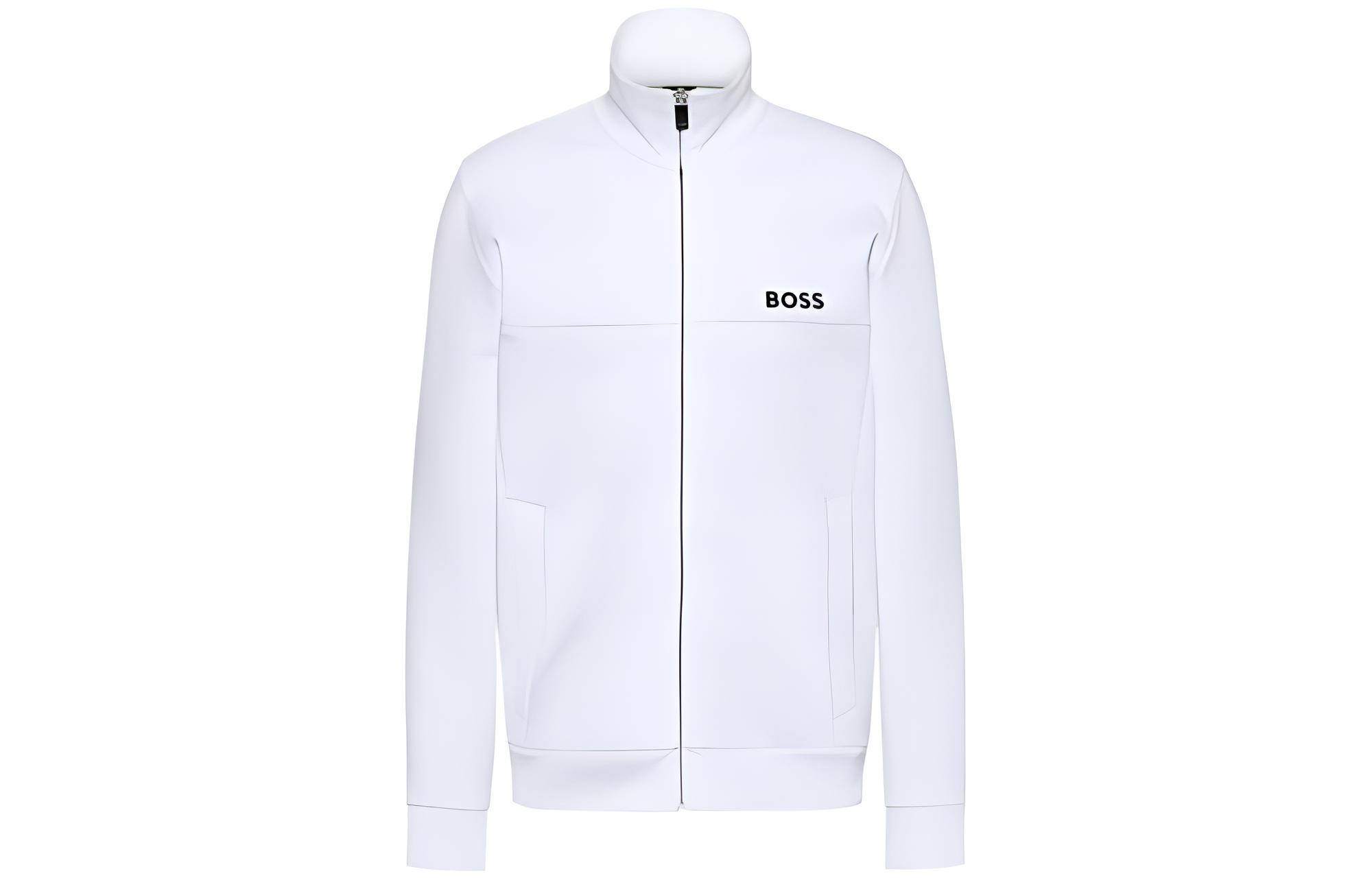 HUGO BOSS Solid Logo Zip-Up Jacket White Long Sleeve Outerwear 50482899-100