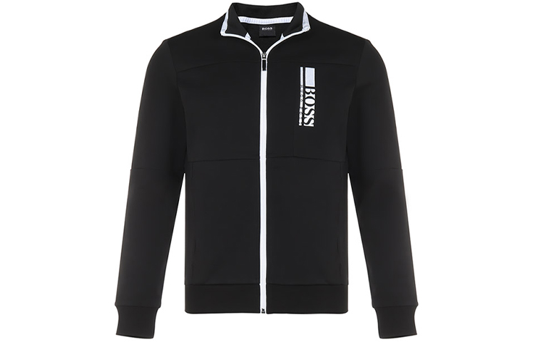 HUGO BOSS SS21 Logo Zip-Up Stand Collar Jacket Black Long Sleeve 50447023-001