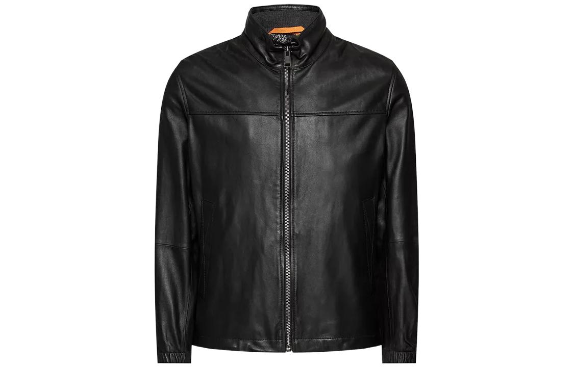 HUGO BOSS SS22  Black Leather Jacket with Stand Collar. 50476955-001
