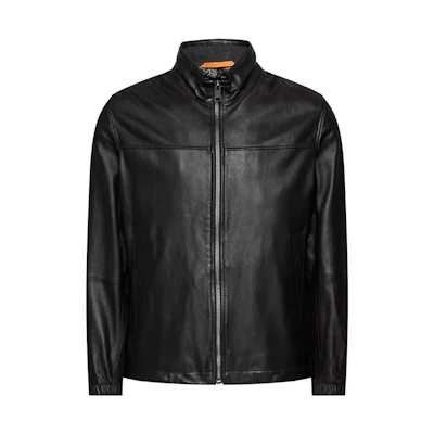 HUGO BOSS SS22 Black Leather Jacket with Stand Collar. 50476955-001