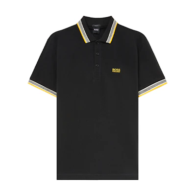 HUGO BOSS SS22 Black Polo Shirt with Logo Embroidery and Striped Collar. 50398302-016