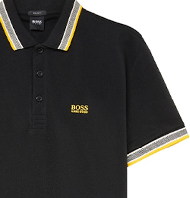 HUGO BOSS SS22 Black Polo Shirt with Logo Embroidery and Striped Collar. 50398302-016 Sizing HUGO BOSS SS22 Black Polo Shirt with Logo Embroidery and Striped Collar. 50398302-016