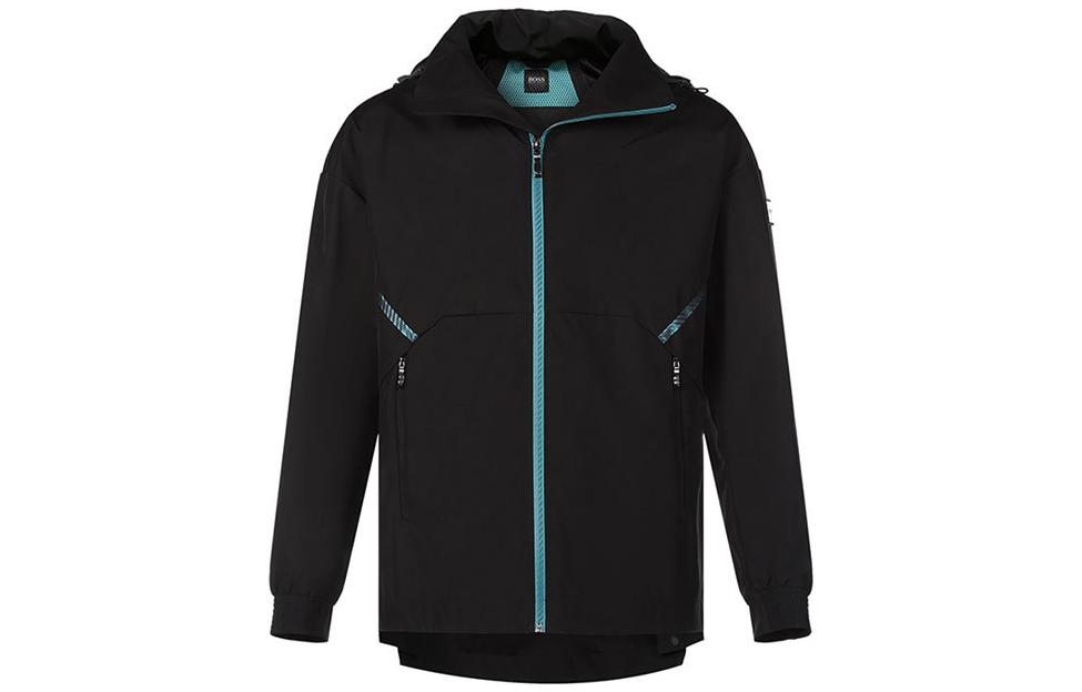 HUGO BOSS SS22  Black Striped Hidden Hood Jacket Coat. 50452078-001