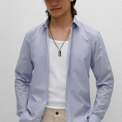 HUGO BOSS SS22 Fitted Blue Plaid Cotton Canvas Long-Sleeve Shirt. 50467729-459 Shop HUGO BOSS SS22 Fitted Blue Plaid Cotton Canvas Long-Sleeve Shirt. 50467729-459