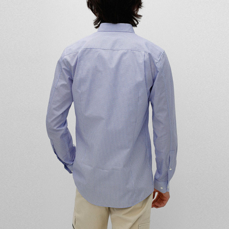 Purchase HUGO BOSS SS22  Fitted Blue Plaid Cotton Canvas Long-Sleeve Shirt. 50467729-459