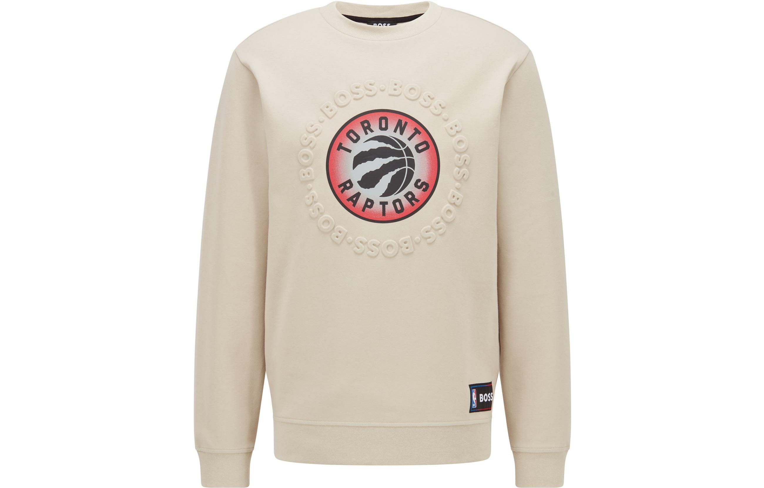 HUGO BOSS SS22 Beige Logo Print Crewneck Relaxed Fit Long Sleeve Sweatshirt Men 50469443-277-100