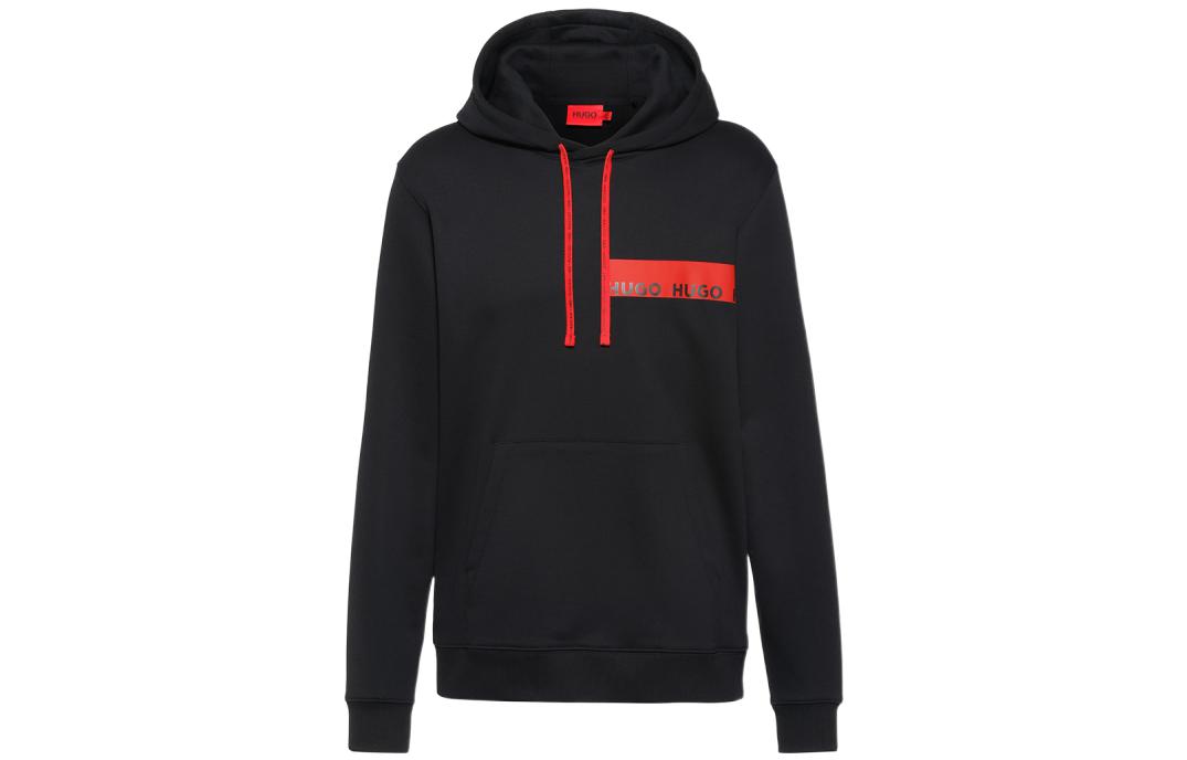 HUGO BOSS SS22 Black Cotton Hoodie with Red Logo Band Trim Men’s Loose Fit 50466023-001