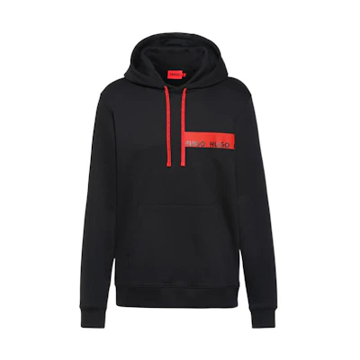 HUGO BOSS SS22 Black Cotton Hoodie with Red Logo Band Trim Men’s Loose Fit 50466023-001
