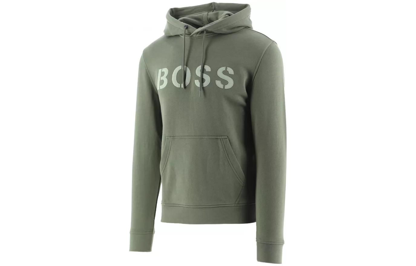 Shop HUGO BOSS SS22绿色连帽袋鼠兜印花标志卫衣 50462542-360