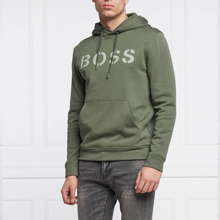 Sizing HUGO BOSS SS22绿色连帽袋鼠兜印花标志卫衣 50462542-360