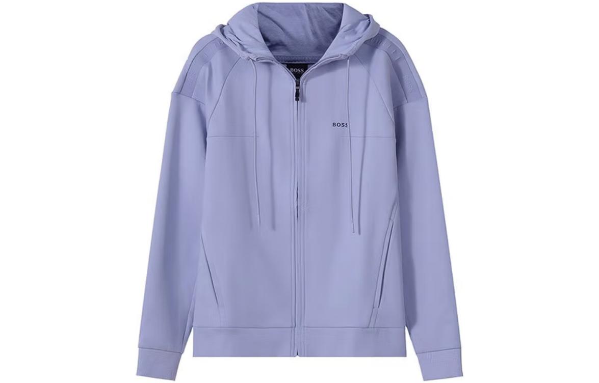 HUGO BOSS SS22 Light Blue Solid Logo Print Zip-Up Hoodie Jacket 50461616-481