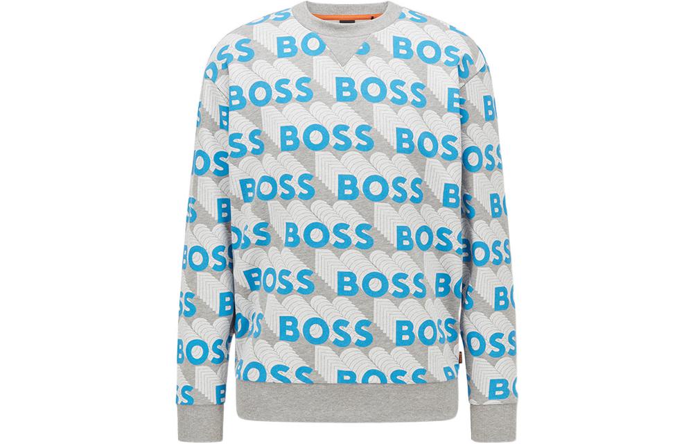 HUGO BOSS SS22 Logo All-Over Print Pullover Sweatshirt Men Grey Blue 50471531-041